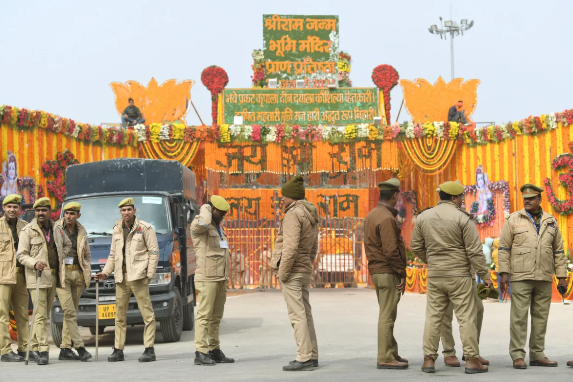 Police personnel stand guard outside Ram Temple