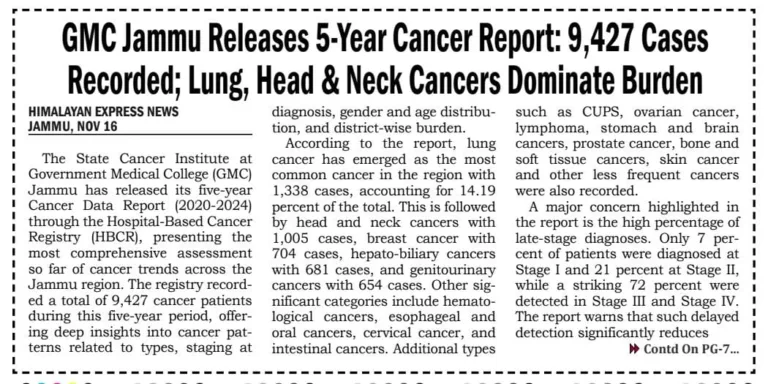 GMC Jammu Releases 5-Year Cancer Report: 9,427 Cases Recorded; Lung, Head & Neck Cancers Dominate Burden