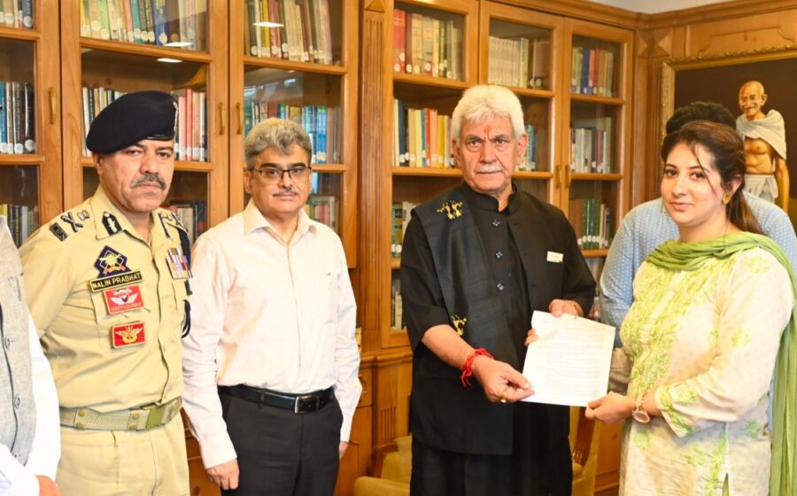 Lieutenant Governor hands-over appointment letter to wife of Martyr J&K Police Inspector Masroor Ali Wani